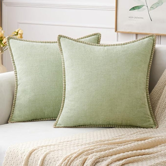 MIULEE Decorative Couch Throw Pillow Covers 16x16 Inch Light Green 2 Pack | Farmhouse Pillow Covers with Stitched Edge, Soft Chenille Cushion Cases, for Sofa Bed Living Room Home Decor