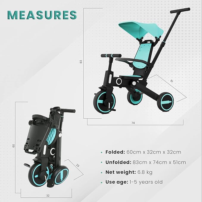 Trixplorer 7-in-1 Tricycle for Toddlers, Removable Push Handle, 360° Rotating Seat, Adjustable Canopy, Safety Harness, Storage, Basket, Folding Toddler Tricycle for 1-5 Year Old (Sky/Blue)