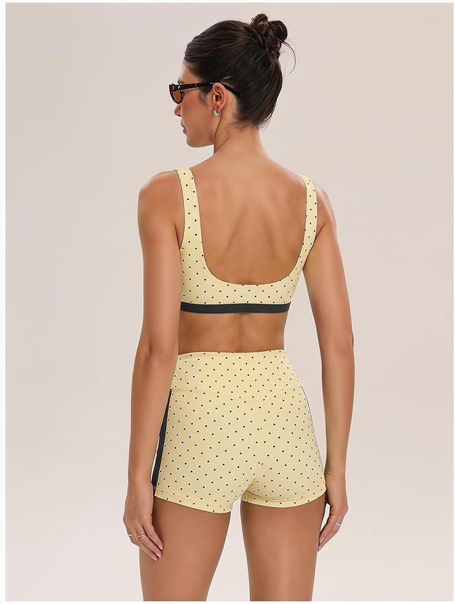 Milumia Women's Polka Dots Workout Set 2 Piece Color Block Bra Tank High Waisted Biker Shorts Layered Matching Yoga Outfit