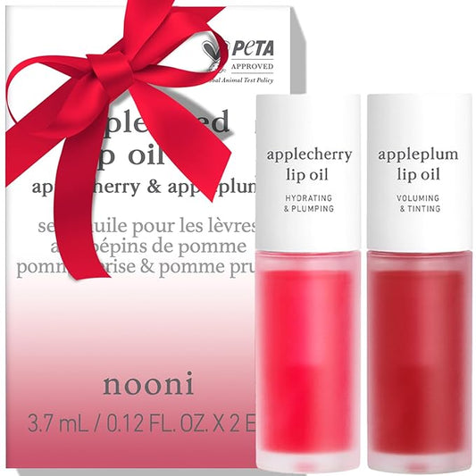 NOONI Vegan Appleseed Lip Oil Set - Applecherry & Appleplum | Long-Lasting, Moisturizing, Plumping, Revitalizing for Dry Lips, Waterproof, No Peel Off, Korean Tint, 0.12 FL Oz x 2ea
