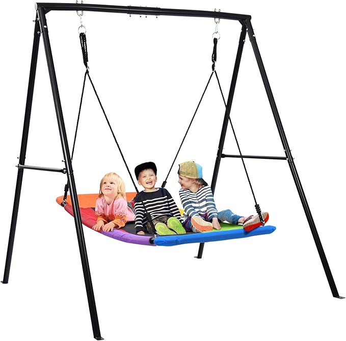 Trekassy Swing Sets for Backyard, 440lbs Heavy Duty A-Frame Metal Stand with 60" Large Platform Swing for Outdoor Playground Park (Black Frame + Rainbow Swing)（Patented）