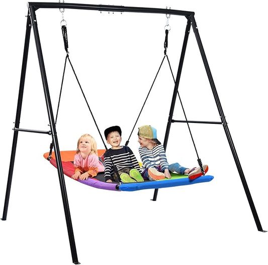 Trekassy Swing Sets for Backyard, 440lbs Heavy Duty A-Frame Metal Stand with 60" Large Platform Swing for Outdoor Playground Park (Black Frame + Rainbow Swing)（Patented）