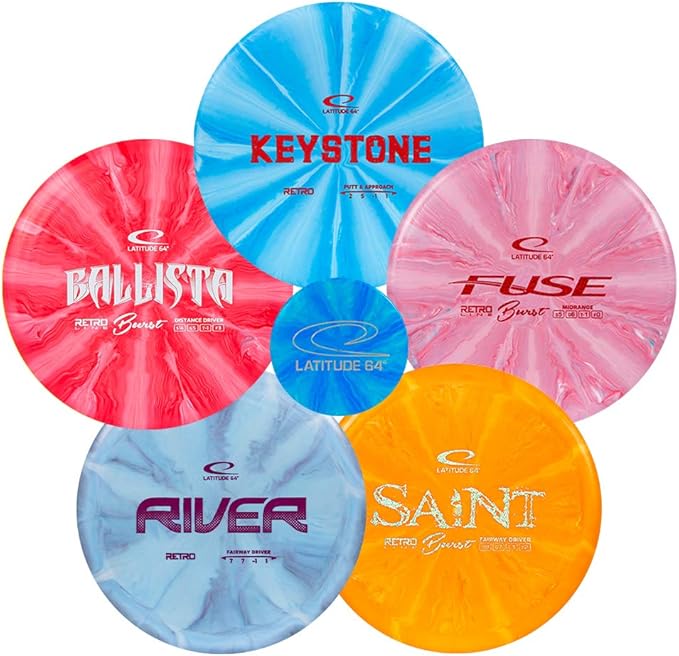 Latitude 64 Retro Burst Disc Golf Starter Set | Perfect Disc Golf Set for New to Intermediate Players | Includes Bonus Mini Marker | Grippy Base Plastic | Colors May Vary