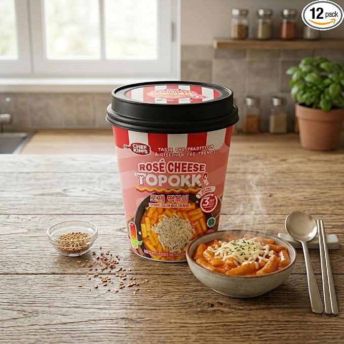 POCAS Chef Kim's Korean Instant Topokki Rice Cake Cups, Microwaveable Rice Cake Snack, Ready in 3 Minutes, 4.2 oz (120g) per Cup, 12 Tteokbokki Cups per Case, Authentic Korean Street Food. (Rosé Cheese)