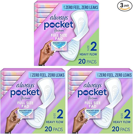 Always Pocket Flexfoam Pads, Size 2, Heavy, with Wings, 20 Count (Pack of 3)