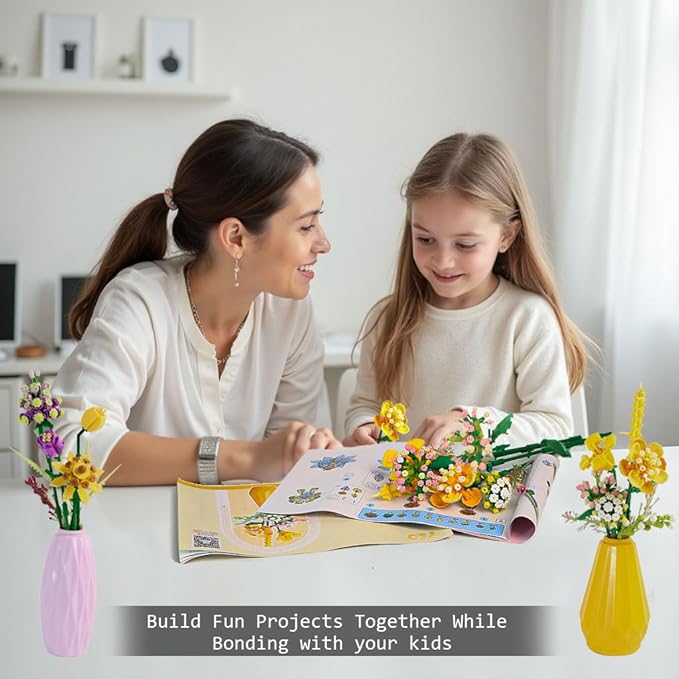 Flower Bouquet Micro Building Set with Vase, Botanical Collection Building Toy, Artificial Flowers Building Blocks Toy Home Office Decor