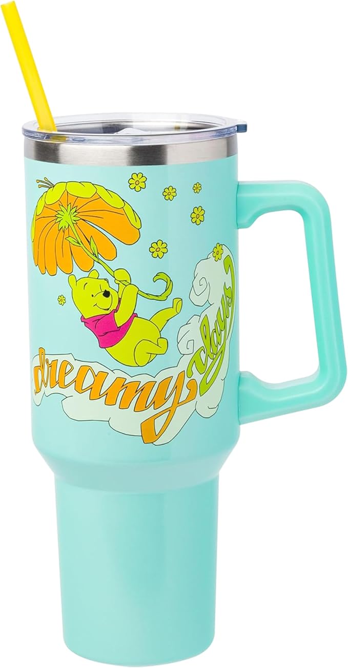 Silver Buffalo Disney Winnie the Pooh “Dreamy Days” Retro Art Stainless Steel Tumbler with Handle and Straw, Fits in Standard Cup Holder, 40 Ounces (Pack of 12)