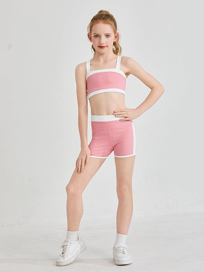 Haloumoning Girls 2 Piece Outfits Athletic Color Block Training Bra and High Waisted Shorts Clothing Sets 5-14Y