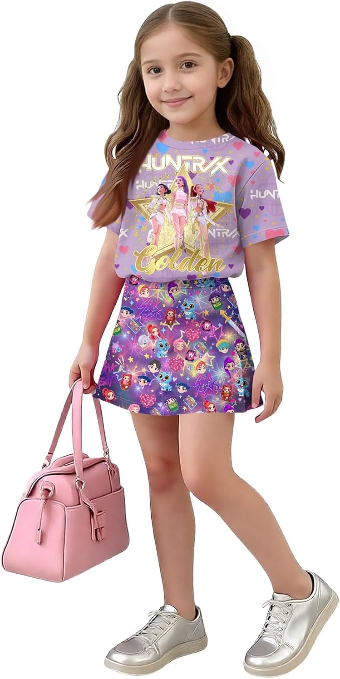 HTHLVMD K Pop Short Sleeve T-Shirt and Skirts Outfits Set for Girls Hunters Rumi Mira Zoey Graphic Tees De-Mon Costume