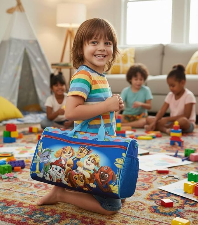 PAW Patrol Kids Duffle Bag 16.5" – Travel & Sports Bag with Zipper Pocket, Mesh Side Pockets & Shoulder Strap