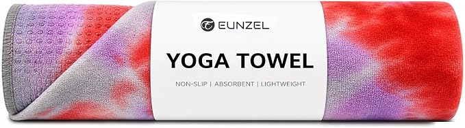 Eunzel Yoga Towel,Hot Yoga Mat Towel with Grip Dots Sweat Absorbent Non-Slip for Hot Yoga, Pilates and Workout 24" x72", Red & Gray