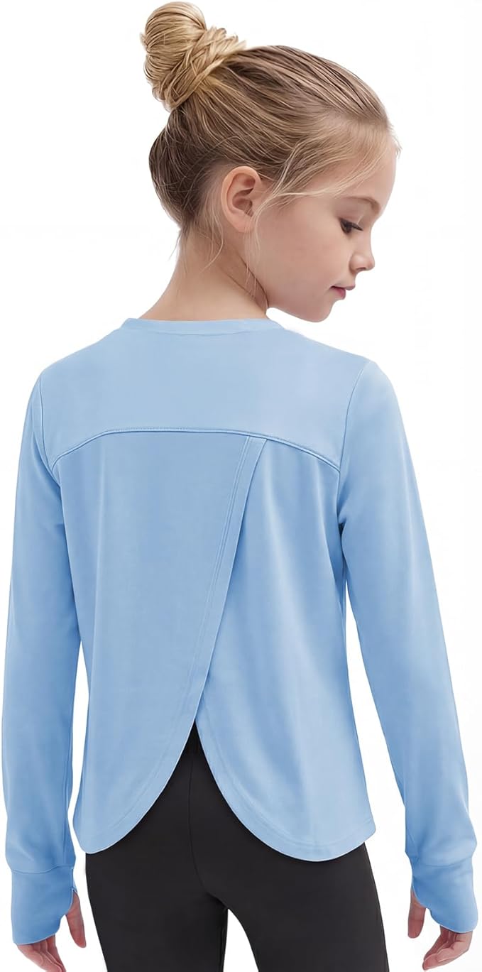 Gogokids Girls Shirts Long Sleeve Athletic Shirts Open Back Tops Active Sports Tshirts Yoga Workout Crop Tees 5-14 Years