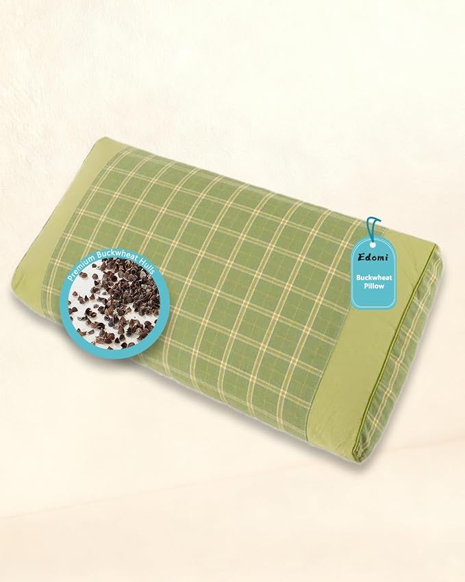 Buckwheat Cube Pillows for Side Sleepers,19.6"x9.8" Buckwheat Hulls Filling Cervical Neck Support Pillows for Sleeping, Customizable Height, Plaid Pillow Covers,Green