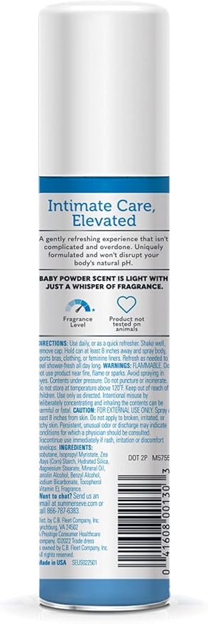 Summer’s Eve Baby Powder Feminine Freshening Spray, Daily Gentle Intimate Deodorant, Neutralizes Odor, pH Balanced, Talc Free, Sensitive Skin, 2 Ounce (Pack of 4)