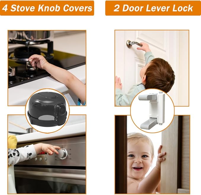 Baby Proofing Kit 112 Pack – Complete Baby Proofing Essentials Set with Magnetic Cabinet Locks, Door Lever Lock, Stove Knob Safety Covers, Corner Protectors, Outlet Plug Covers & Furniture Straps