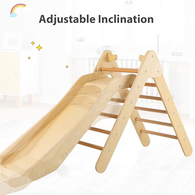 OLAKIDS Pikler Triangle Set 2 in 1 Climbing Toys for Toddlers Foldable Wood Montessori Baby Jungle Gym with Ladder Ramp Slide Kids Indoor Playground Activity Play Structure