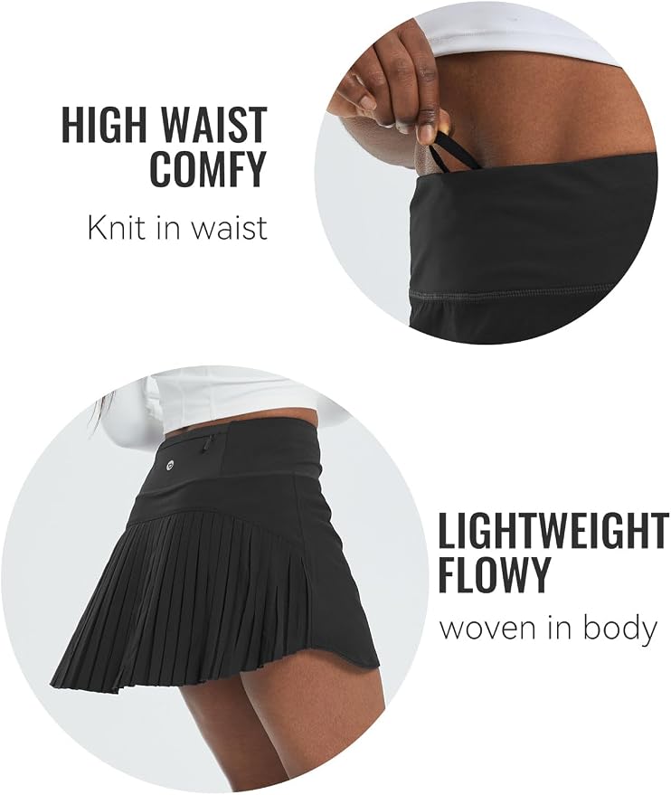 baleaf Tennis Skirt Pleated Golf Skorts with 3 Pockets | 14", Built in Shorts, High Waisted, Anti-slip Strip, Lightweight, for Athletic, Workout, Pickleball, Skorts for Women