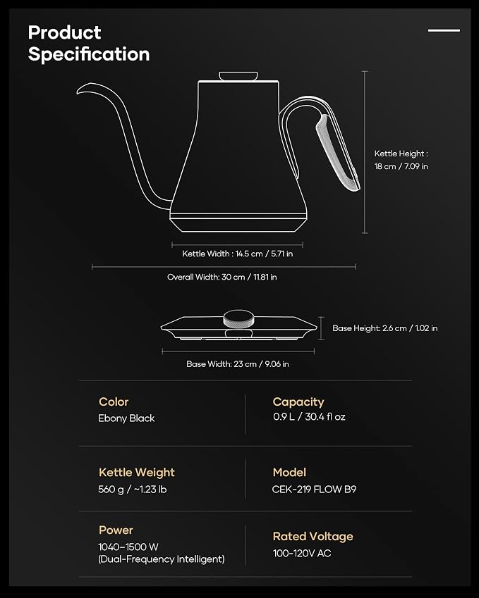 Cocinare Gooseneck Electric Kettle, ±1°F Precise Temperature Control, 1500W Fast Heating, Pour Over Coffee & Tea Kettle with Brew Timer & Keep Warm, Stainless Steel, 0.9L (Goya Walnut)