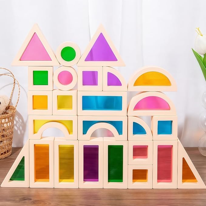Rainbow Blocks,Acrylic Building Block,Rainbow Stacking Sensory Toys,Toys Set Colorful Preschool Learning Educational Toys for Boys and Girls, Blocks for Toddlers 1-3 (25 PCS)