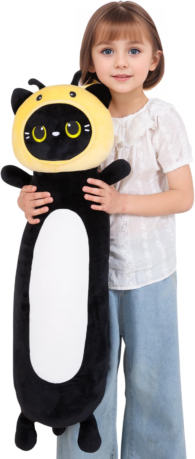 36 inch Bee Black Cat Long Plush Body Pillow Toy, Kitten Plushies with Stuffy Honeybee Oufit Big Stuffed Animals Gfit for Kids Boys Girls, Birthday