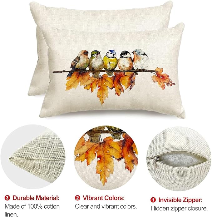 RABUSOFA Fall Pillow Covers 12x20 Inch Bird Autumn Decorations for Home Outdoor Thanksgiving Decor Maple Leaf Decorative Lumbar Throw Pillow Cases Farmhouse for Couch Sofa