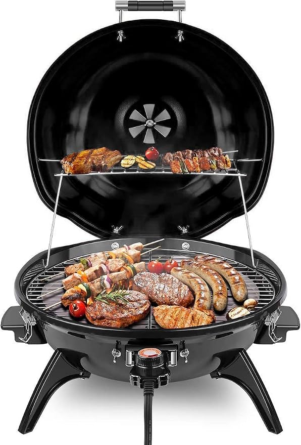Electric BBQ Grill Techwood 15-Serving Outdoor Electric Grill for Party, Patio & Backyard, Double Layer Design, Portable Removable Stand Grill, 1600W (Countertop Black BBQ Grill)