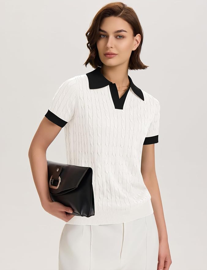 Micoson Womens Short Sleeve Sweater Tops Lapel V Neck Polo Shirts 2026 | Summer Cable Knit Loose Blouses, Business Casual Outfits
