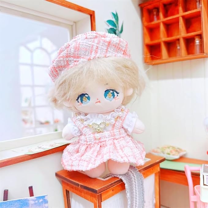 niannyyhouse 10cm~15cm Plush Doll Clothes Berets Suspender Skirt White Shirt Accessories Doll Dress Up (Pink)