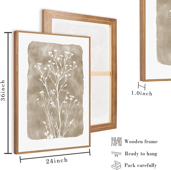 ANHUIB Beige Neutral Floral Canvas Wall Art 24x36 Inch Framed Brown Botanital Wall Decor Large Rustic Farmhouse Wildflower Artwork Boho Vintage Plant Art Prints Set of 3 for Living Room Bedroom Office