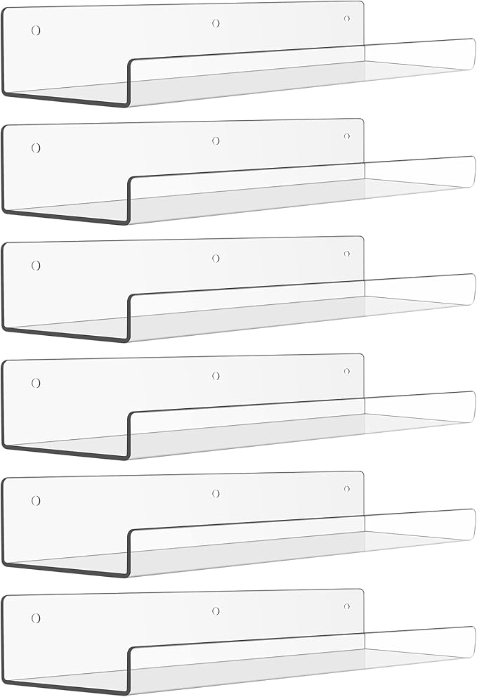 upsimples 15" x 4" Acrylic Shelves for Wall Storage and Organizer, 6 Pcs | Versatile Clear Floating Bedroom Shelves for Figures & Collectibles, Kids Bookshelf, Invisible for Displaying, Room Décor