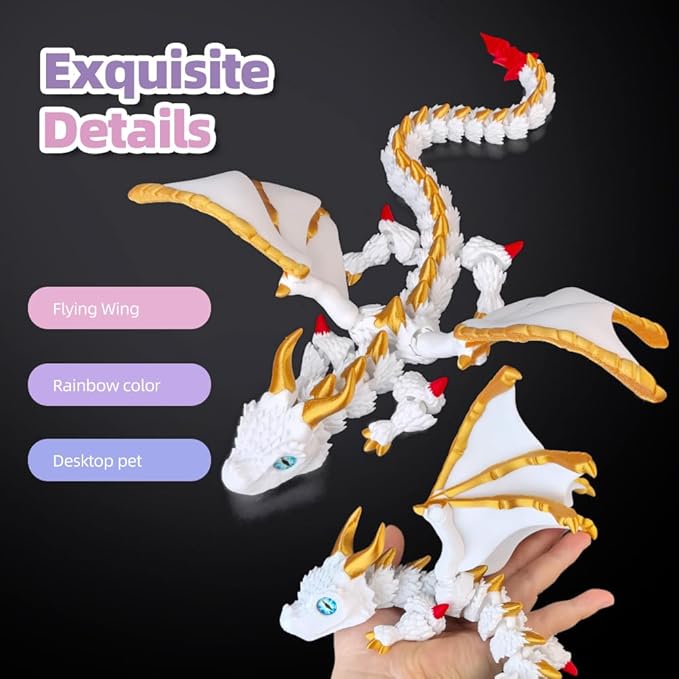3D Printed Dragon with Wings,3D Printed Animals Toys, Fidget Dragon Toys, Flexible Articulated Winged Crystal Dragon Model,Desktop Pet Deco (White-Gold)