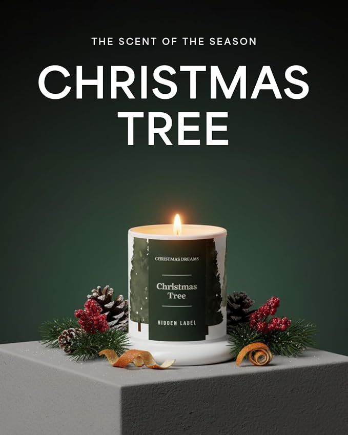 Hidden Label Christmas Tree Candle, 10oz Bell Jar, 60H Soy Wax | Fresh Pine Aromatherapy | Non Toxic Clean Burn | Holiday Gift Ready | Evergreen Forest Scent
