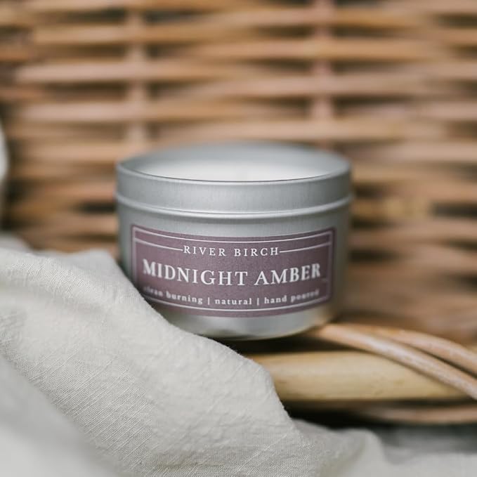River Birch Candles Midnight Amber Scented Candle | Premium, All-Natural, Non-Toxic, Soy Wax | 8 oz. Silver Travel Tin | Cozy Relaxing Gifts for Home