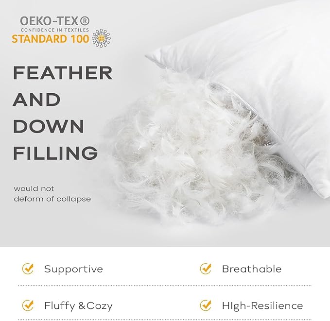 SAVORI Set of 2 Down and Feather Throw Pillow Inserts 14x14 Soft Fluffy Pillow Inserts with 100% Down-Proof Cotton Cover, Decorative Square Cushion Inner for Sofa Couch Bed-White