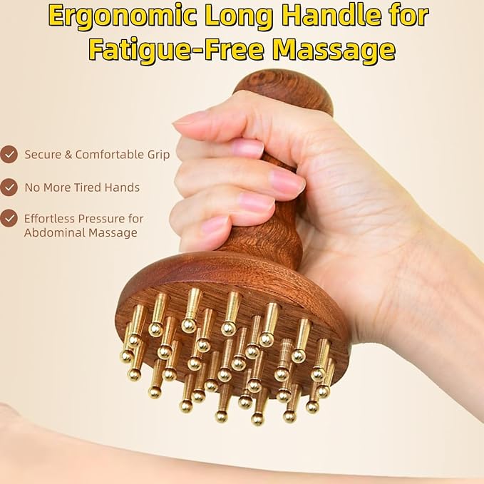 29teeth Copper Head Massage Comb for Body and Scalp Meridian Point Massager Brush for Body and Scalp Relief Body Massage Brush for Cellulite Remover Chinese SPA Gua Sha Tool Wooden Handle