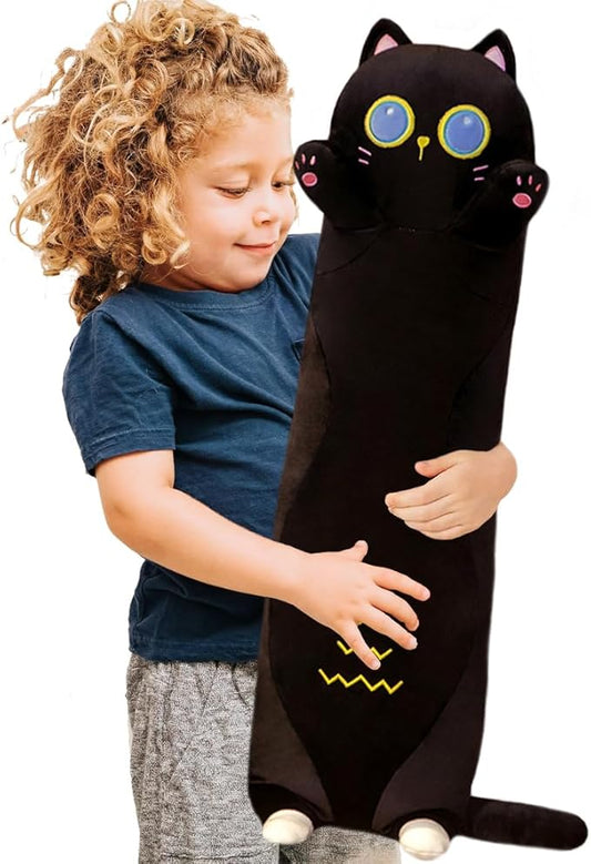 ELAINREN 90cm Lenght Cat Stuffed Throw Pillow Cuddly Black Kitten Plush Big Toy Ultra-Soft Kitty Plushie Cushion Decor Gifts