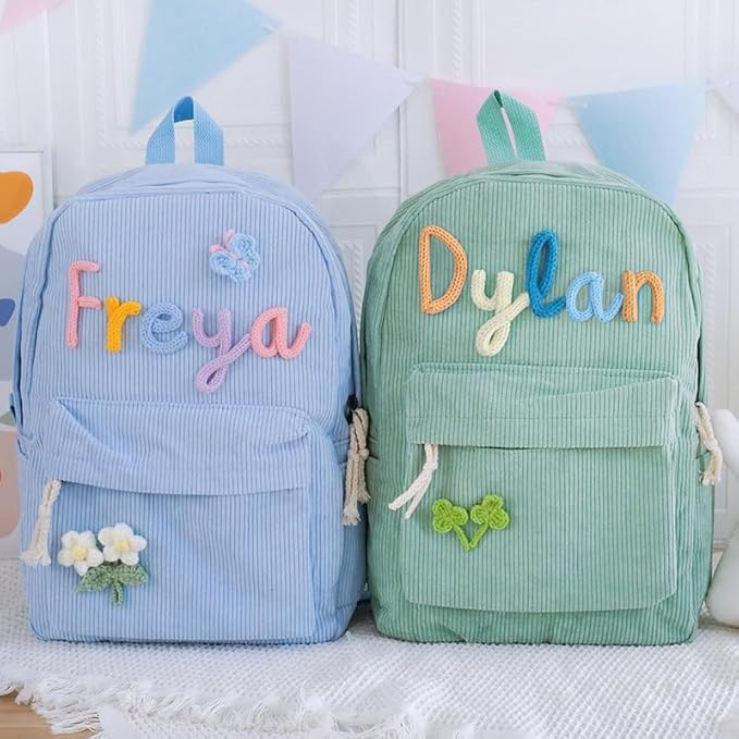 Generic Personalized Corduroy Backpack for School Girls & Boys, Custom Name School Bag with Cotton Rope Woven, Modern Daypack Backpack, 11in x 4.7in x 15.7in, Blue