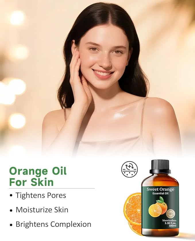 Orange Essential Oil, Fresh Scent, Aromatherapy & Cleaning, 3.38 Fl Oz | Mumianhua Cold-Pressed Orange Oil. Bright Citrus Scent. Skin-Safe for DIY Perfume, Soap & Candle Making, Cleaning & Diffusion