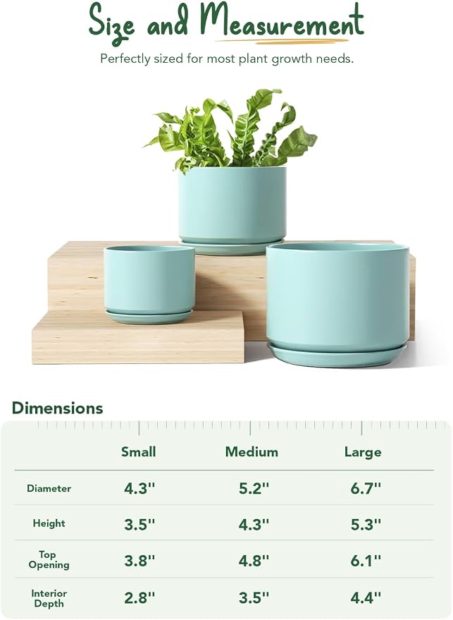 LE TAUCI Ceramic Plant Pots, 4.3+5.3+6.8 inch, Set of 3, Planters with Drainage Hole and Saucer, Indoor Flower Pot with Hole Mesh Pad, Gifts for Mom, Aqua