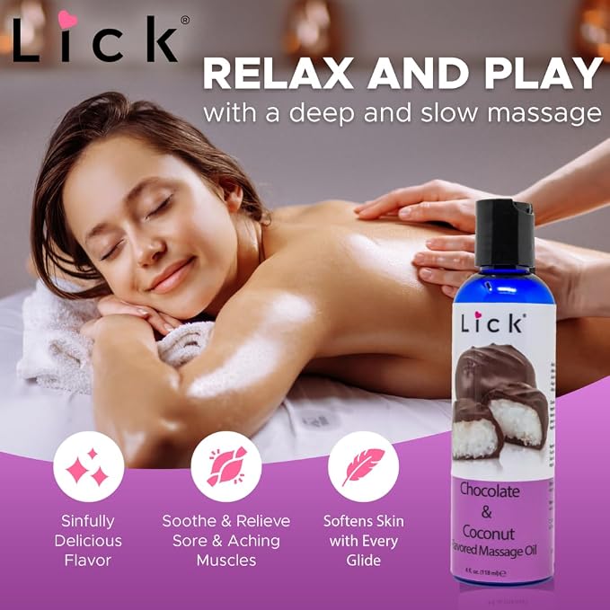 Lick Chocolate and Coconut Massage Oil – Tropical Dessert Edible Massage Oil with Sweet Almond Oil & Vitamin E, Smooth Body-Safe Glide for Couples Massage, 4 oz
