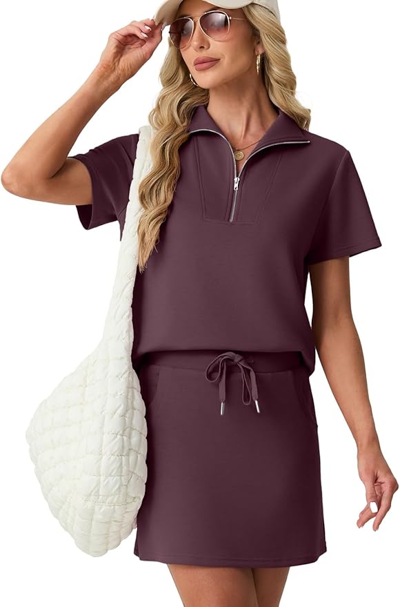 GRECERELLE Women's Summer 2 Piece Skort Set Half Zip Short Sleeve Top & Pocketed Tennis Skirt For Sports & Vacations.