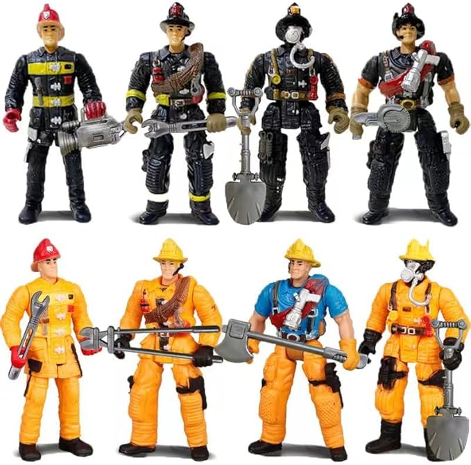 8 Pieces Firefighter Action Figures Fireman Figurines Toys with Tools for Party Decoration People Figures Playset for Kids & Toddlers