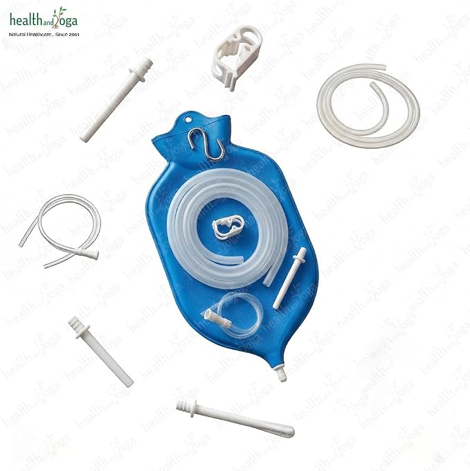 HealthAndYoga™ NaturoFlo Superior Enema Bag Kit with Silicone Tubing Hose and Fittings - 2 Quart Fountain Open top Kit for Fleet Enema and Anal Douche - Blue