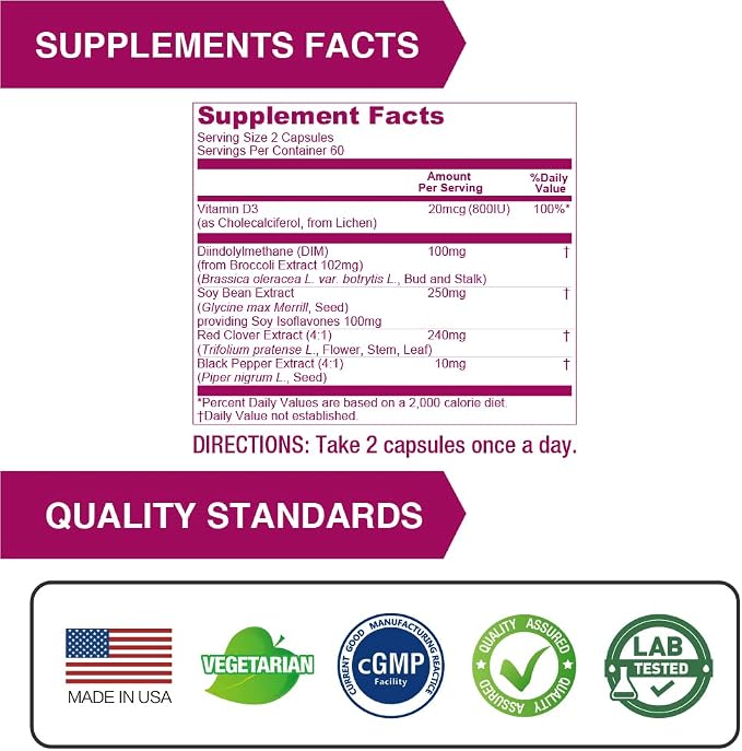 LOVITA Menopause Supplements for Women, DIM Complex with Soy Isoflavones, Red Clover, Vitamin D3 & Black Pepper for Menopause & Hormone Balance Support, 120 Vegetarian Capsules