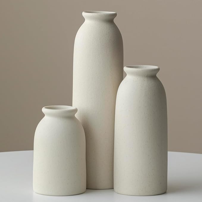 Ceramic Vase Set-3, 10.3 Inch Tall Flower Vases for Decor, Modern Boho Farmhouse Style, Decorative Vases for Pampas Grass & Dried Flowers, Distressed Finish (L Beige)