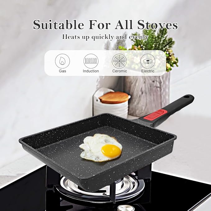 AIKENBBKK Tamagoyaki Japanese Omelette Pan, Japanese Egg Pan, Square Egg Pan Nonstick, Induction-Ready, Detachable Handle, with Silicone Spatula, PFAS & PFOA-Free, Oven Safe, Black, 9" x 8.2"