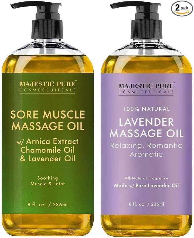 Majestic Pure Lavender Massage Oil and Sore Muscle Massage Oil Bundle - Relaxation Package - 8 fl oz Each