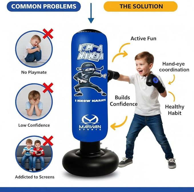 Marwan Sports 5-in-1 Inflatable Punching Bag for Kids – 63" Karate Toy Set with Boxing Gloves, Durable Fast Rebound, Active Play Christmas/Birthday Gift for Boys & Girls Ages 4-12