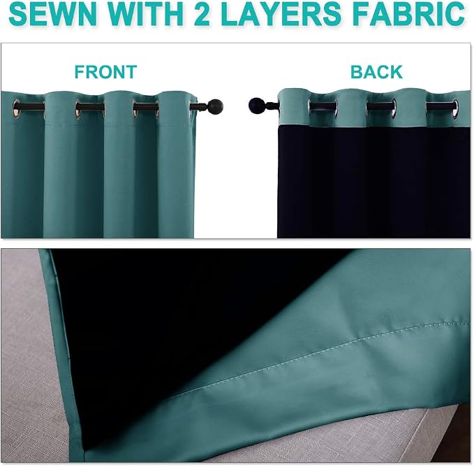 NICETOWN 100% Blackout Short Curtains with Black Liners, 2 Panels, 37" W by 50" L, Sea Teal, Solid Thermal Insulated Full Blackout 2-Layer Lined Drapes, Energy Efficiency Window Draperies for Bedroom