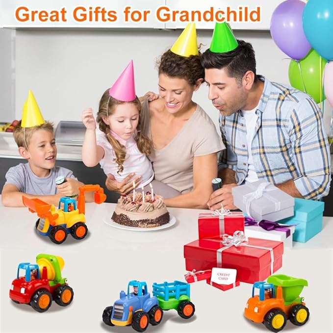 Push and Go Friction Powered Cars Construction Vehicles Toy Set Tractor Bulldozer Mixer Truck Dumper for 1 2 3 Year Old Baby Toddlers Boys Gifts